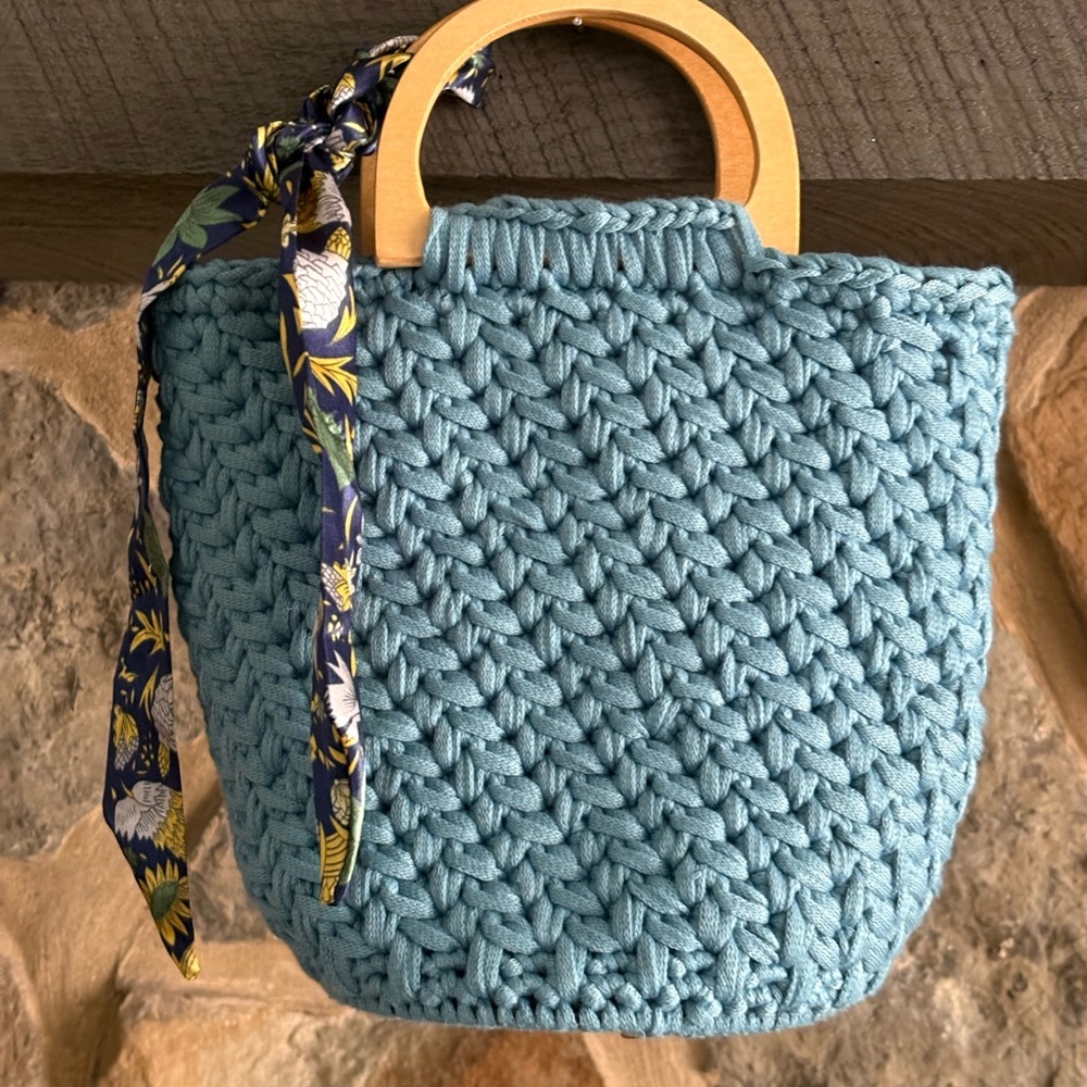 Blue Woven Handbag with Wooden Handles